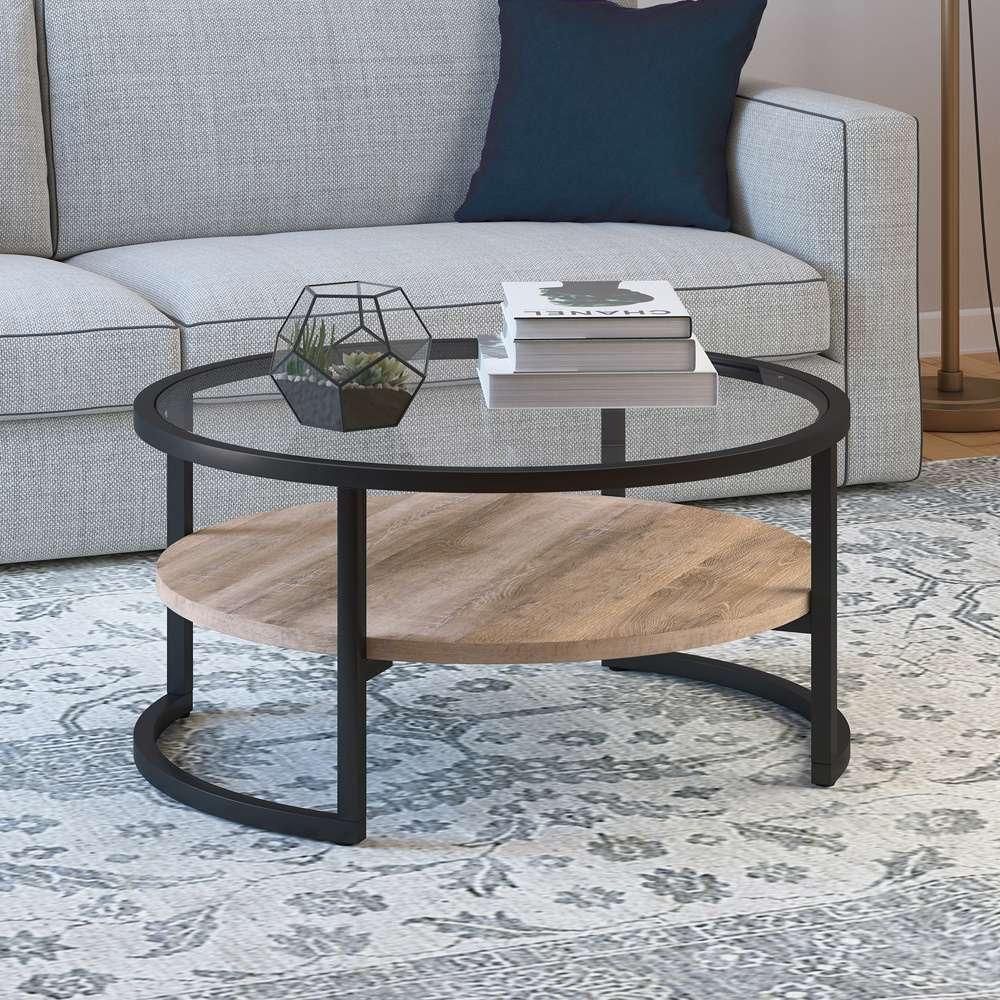 Hudson & Canal - Winston 34.75in Wide Round Coffee Table in Blackened Bronze/Limed Oak - CT0224 veiw 2
