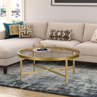Hudson & Canal - Xivil 36in Wide Round Coffee Table with Glass Top in Brass - CT0204 veiw 2