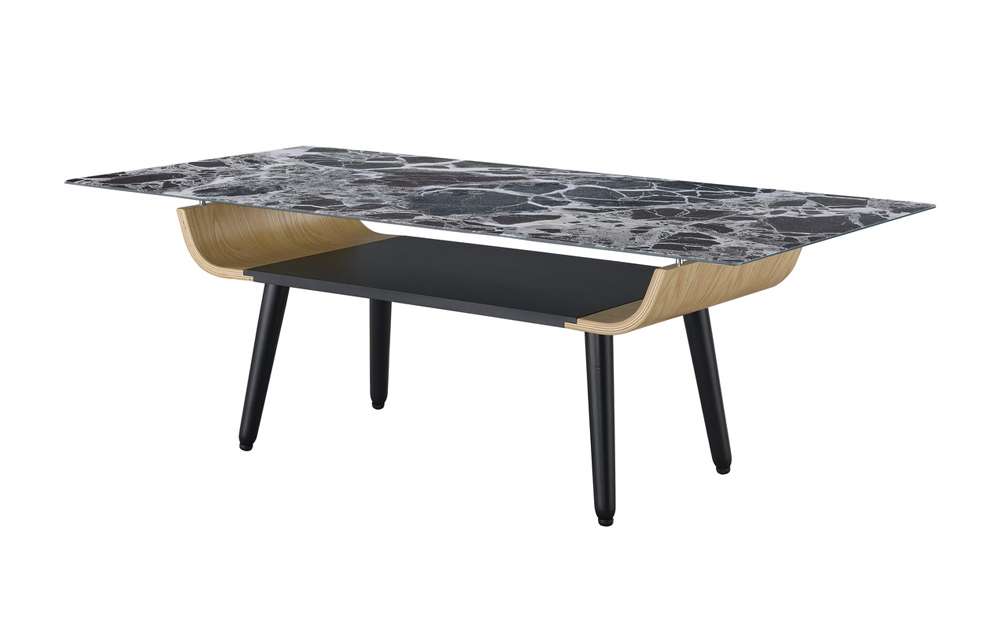 Lilola Home - Landon Coffee Table with Glass Black Marble Texture Top and Bent Wood Design - 98018 veiw 1