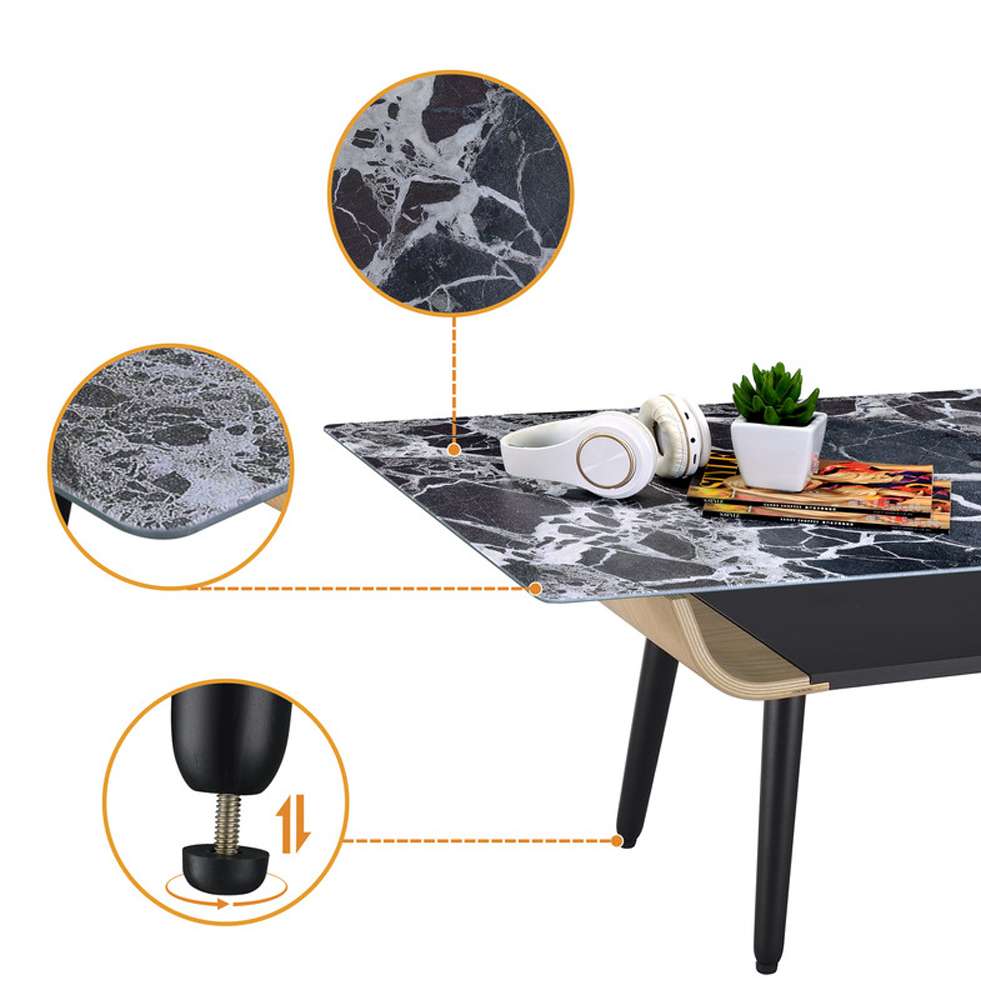 Lilola Home - Landon Coffee Table with Glass Black Marble Texture Top and Bent Wood Design - 98018 veiw 3