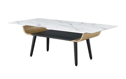 Lilola Home - Landon Coffee Table with Glass White Marble Texture Top and Bent Wood Design - 98017 veiw 1