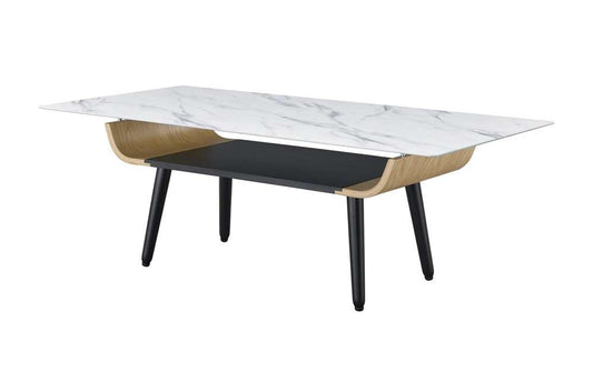 Lilola Home - Landon Coffee Table with Glass White Marble Texture Top and Bent Wood Design - 98017 veiw 1