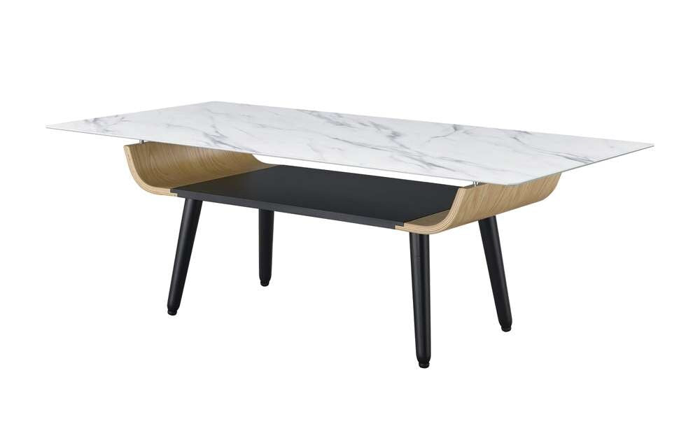 Lilola Home - Landon Coffee Table with Glass White Marble Texture Top and Bent Wood Design - 98017 veiw 2
