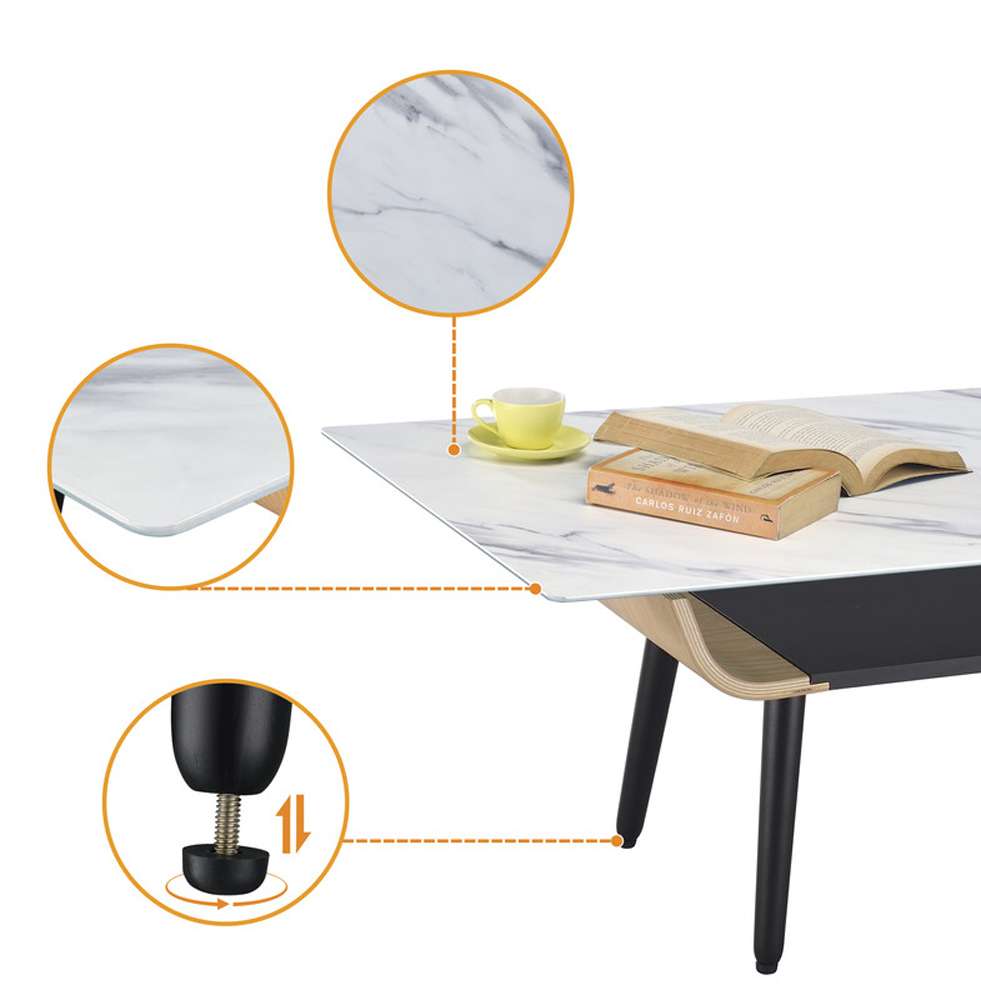 Lilola Home - Landon Coffee Table with Glass White Marble Texture Top and Bent Wood Design - 98017 veiw 3