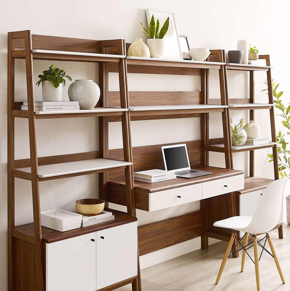 Modway - Bixby 3-Piece Wood Office Desk and Bookshelf in Walnut White - EEI-6115-WAL-WHI veiw 4