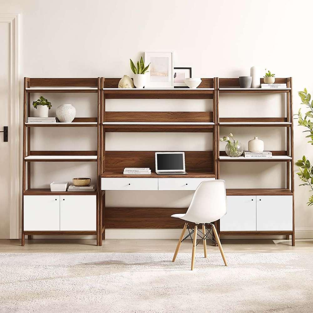 Modway - Bixby 3-Piece Wood Office Desk and Bookshelf in Walnut White - EEI-6115-WAL-WHI veiw 5