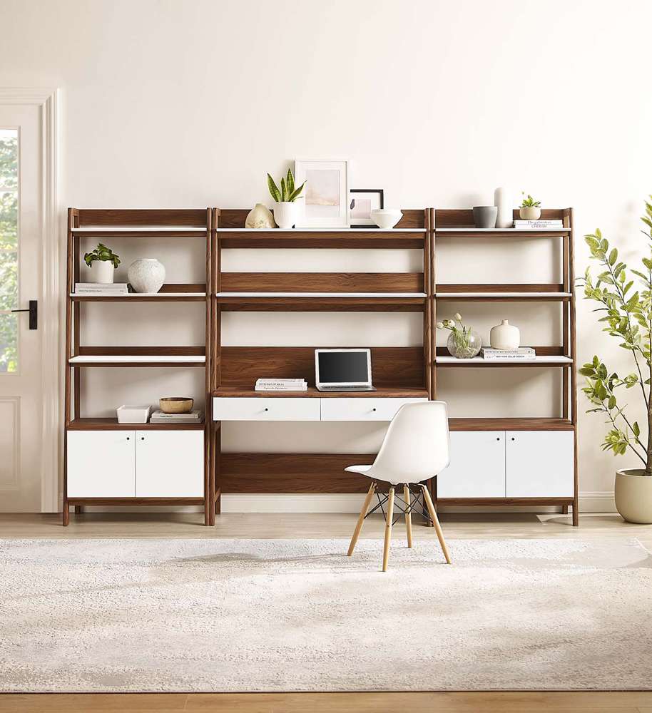 Modway - Bixby 3-Piece Wood Office Desk and Bookshelf in Walnut White - EEI-6115-WAL-WHI veiw 6