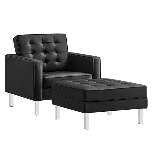 Modway - Loft Tufted Vegan Leather Armchair and Ottoman Set - EEI-6409-SLV-BLK-SET veiw 2