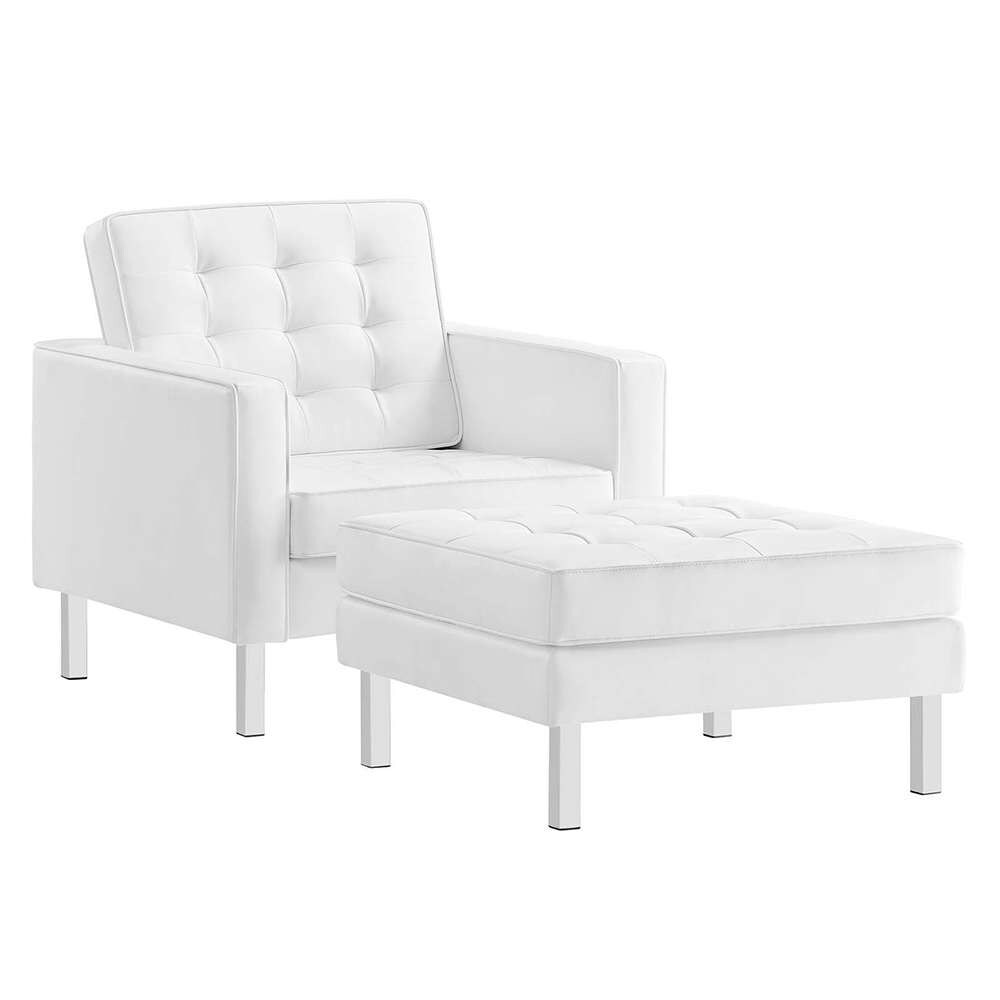 Modway - Loft Tufted Vegan Leather Armchair and Ottoman Set - EEI-6409-SLV-WHI-SET veiw 1