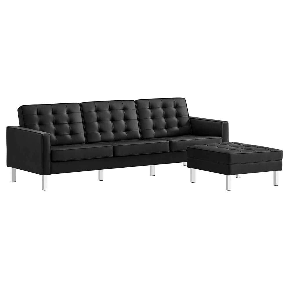 Modway - Loft Tufted Vegan Leather Sofa and Ottoman Set - EEI-6410-SLV-BLK-SET veiw 2