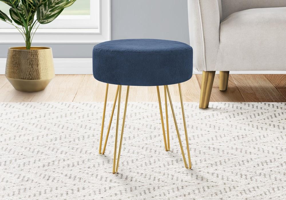 Monarch Specialties - Ottoman, Pouf, Footrest, Foot Stool, 14in Round, Fabric, Metal Legs, Blue, Gold, Contemporary, Modern - I-9002 veiw 2