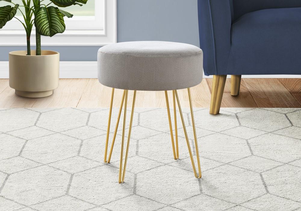 Monarch Specialties - Ottoman, Pouf, Footrest, Foot Stool, 14in Round, Fabric, Metal Legs, Grey, Gold, Contemporary, Modern - I-9003 veiw 2