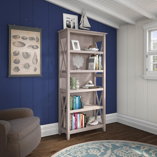 Bush Furniture - Key West 5 Shelf Bookcase in Washed Gray - KWB132WG-03 veiw 2