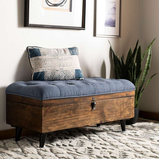 Safavieh - Liam Tufted Cocktail Ottoman - Navy - Dark Oak - OTT6400B veiw 2