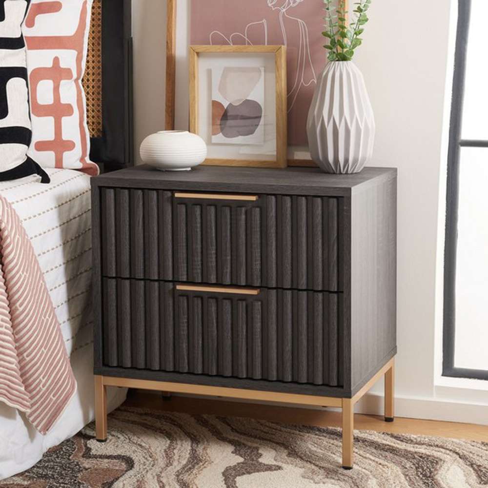Safavieh - Lylia 2 Drawer Nightstand - Distressed Black - Gold - NST9605E veiw 3