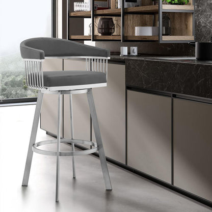 Armen Living - Chelsea 30in Gray Faux Leather and Brushed Stainless Steel Swivel Bar Stool - LCCSBABSGR30 veiw 7