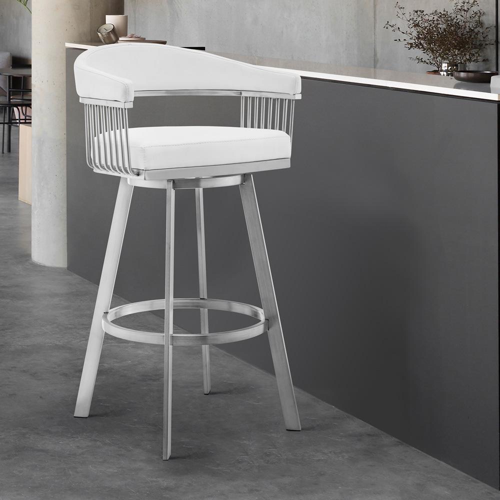 Armen Living - Chelsea 30in White Faux Leather and Brushed Stainless Steel Swivel Bar Stool - LCCSBABSWH30 veiw 7