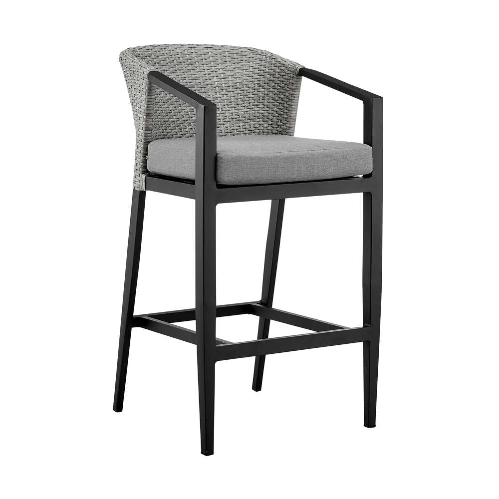 Armen Living - Aileen Outdoor Patio Bar Stool in Aluminum and Wicker with Grey Cushions - 840254333192 veiw 1