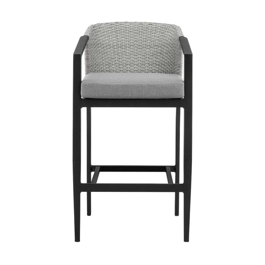 Armen Living - Aileen Outdoor Patio Bar Stool in Aluminum and Wicker with Grey Cushions - 840254333192 veiw 2