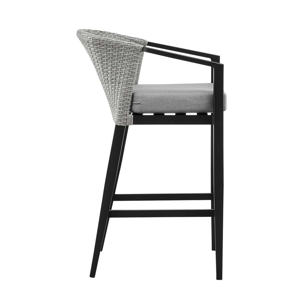 Armen Living - Aileen Outdoor Patio Bar Stool in Aluminum and Wicker with Grey Cushions - 840254333192 veiw 3