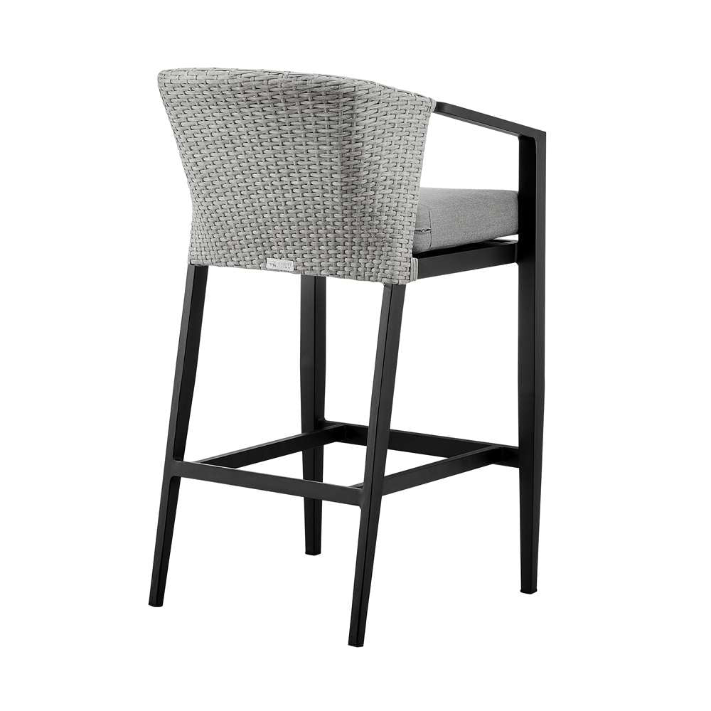 Armen Living - Aileen Outdoor Patio Bar Stool in Aluminum and Wicker with Grey Cushions - 840254333192 veiw 4