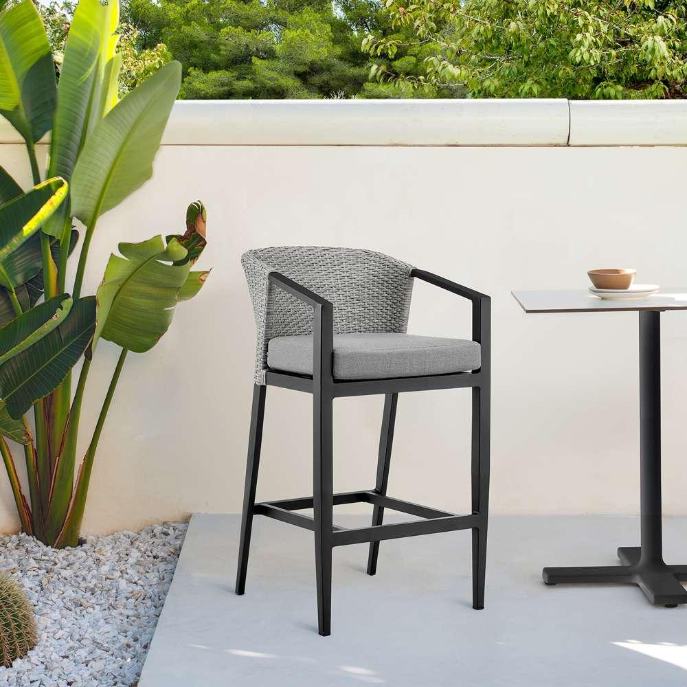 Armen Living - Aileen Outdoor Patio Bar Stool in Aluminum and Wicker with Grey Cushions - 840254333192 veiw 7