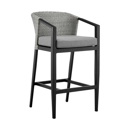 Armen Living - Aileen Outdoor Patio Counter Height Bar Stool in Aluminum and Wicker with Grey Cushions - 840254333185 veiw 1