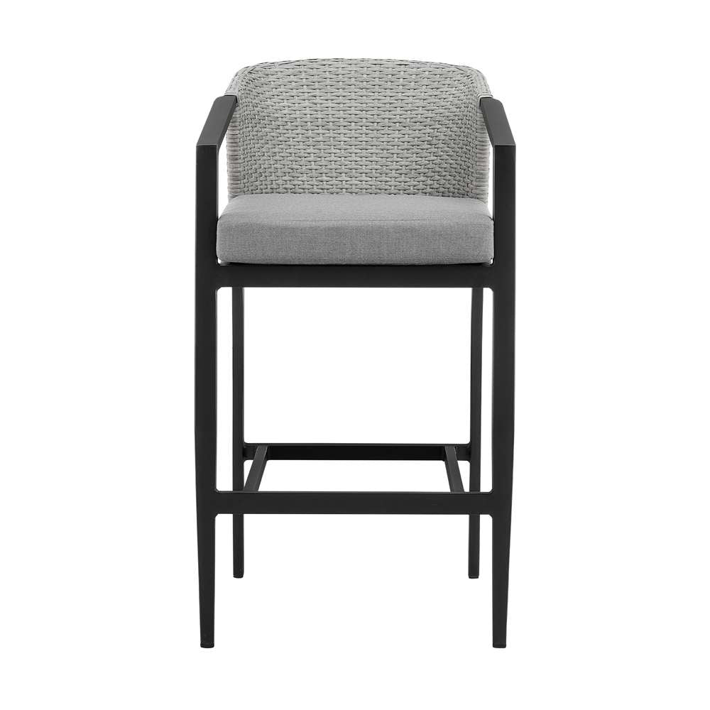 Armen Living - Aileen Outdoor Patio Counter Height Bar Stool in Aluminum and Wicker with Grey Cushions - 840254333185 veiw 2