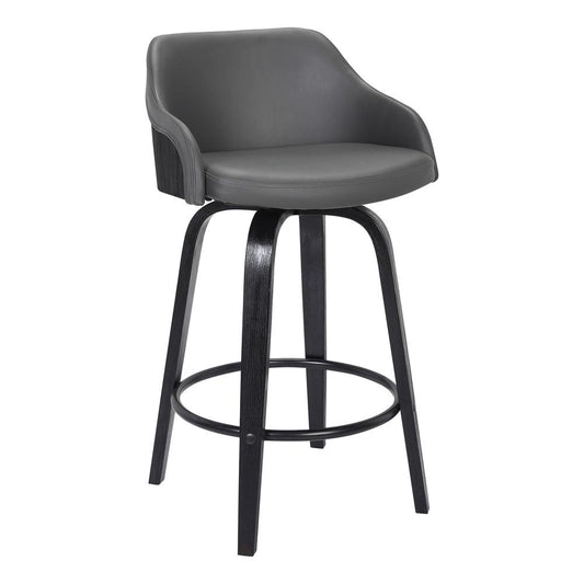 Armen Living - Alec 26in Counter Height Swivel Grey Faux Leather and Black Wood Bar Stool - LCAEBABLGR26 veiw 1