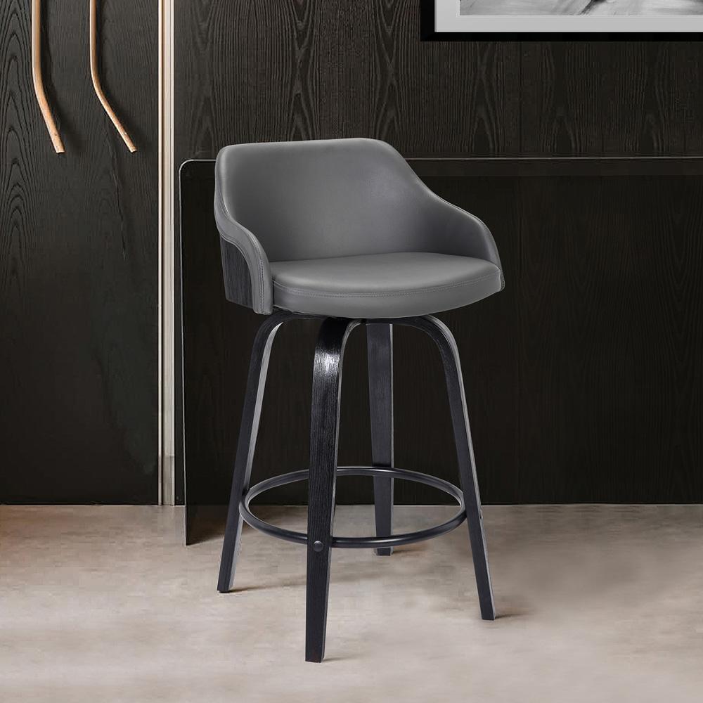 Armen Living - Alec 30in Bar Height Swivel Grey Faux Leather and Black Wood Bar Stool - LCAEBABLGR30 veiw 6