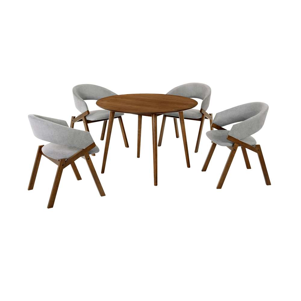 Armen Living Arcadia and Talulah 42in Round Grey and Walnut Wood 5 Piece Dining Set