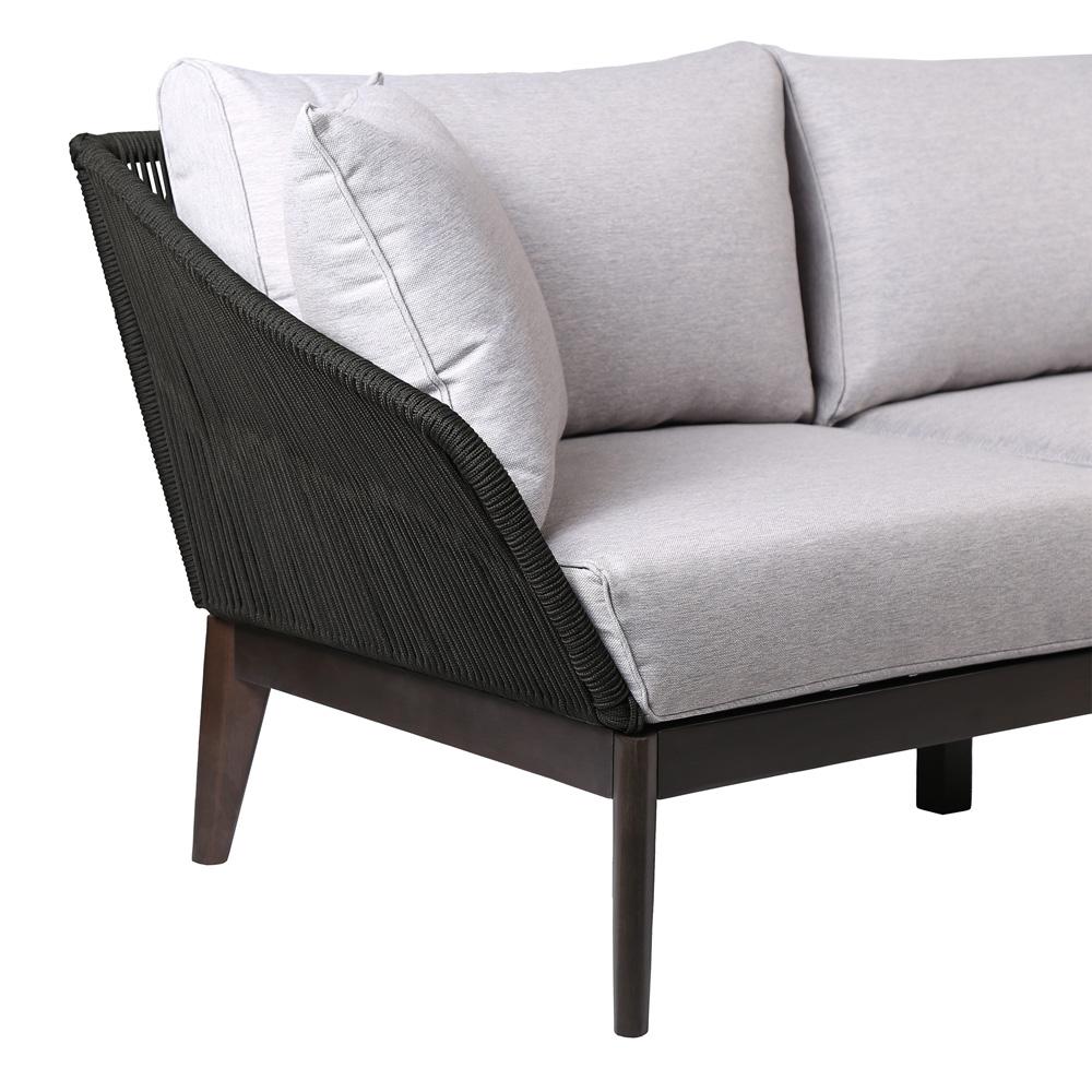 Armen Living - Athos Indoor Outdoor 3 Seater Sofa in Dark Eucalyptus Wood with Latte Rope and Grey Cushions - LCATSOWDDK veiw 3