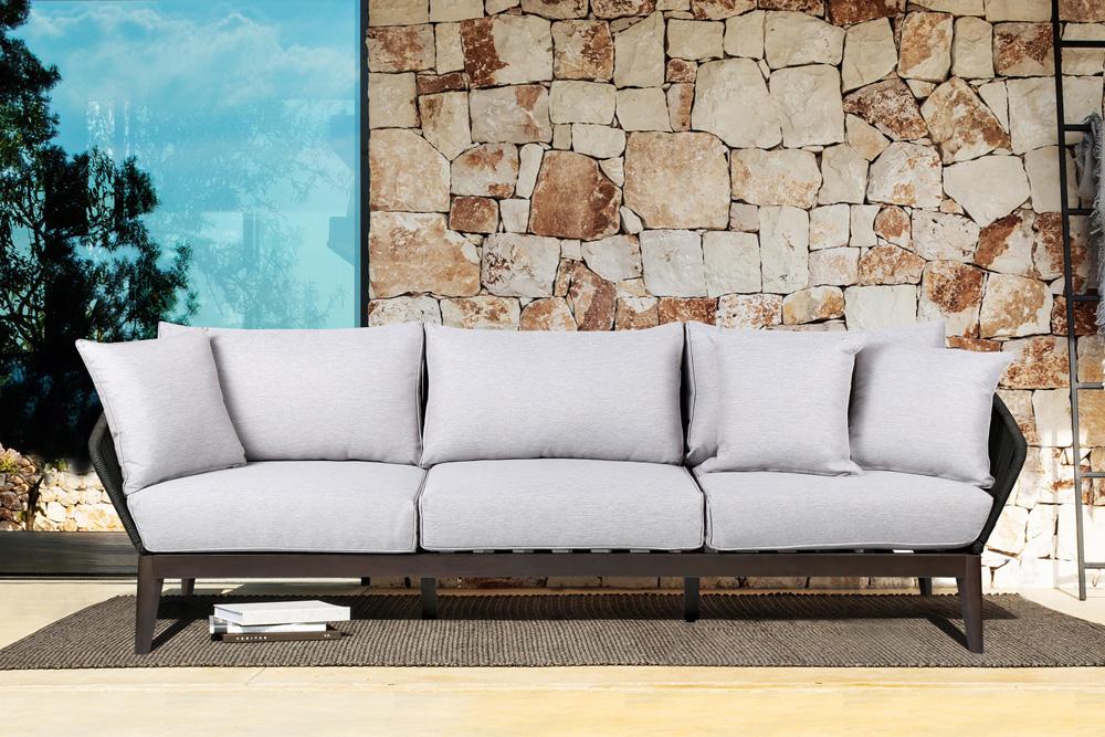 Armen Living - Athos Indoor Outdoor 3 Seater Sofa in Dark Eucalyptus Wood with Latte Rope and Grey Cushions - LCATSOWDDK veiw 7