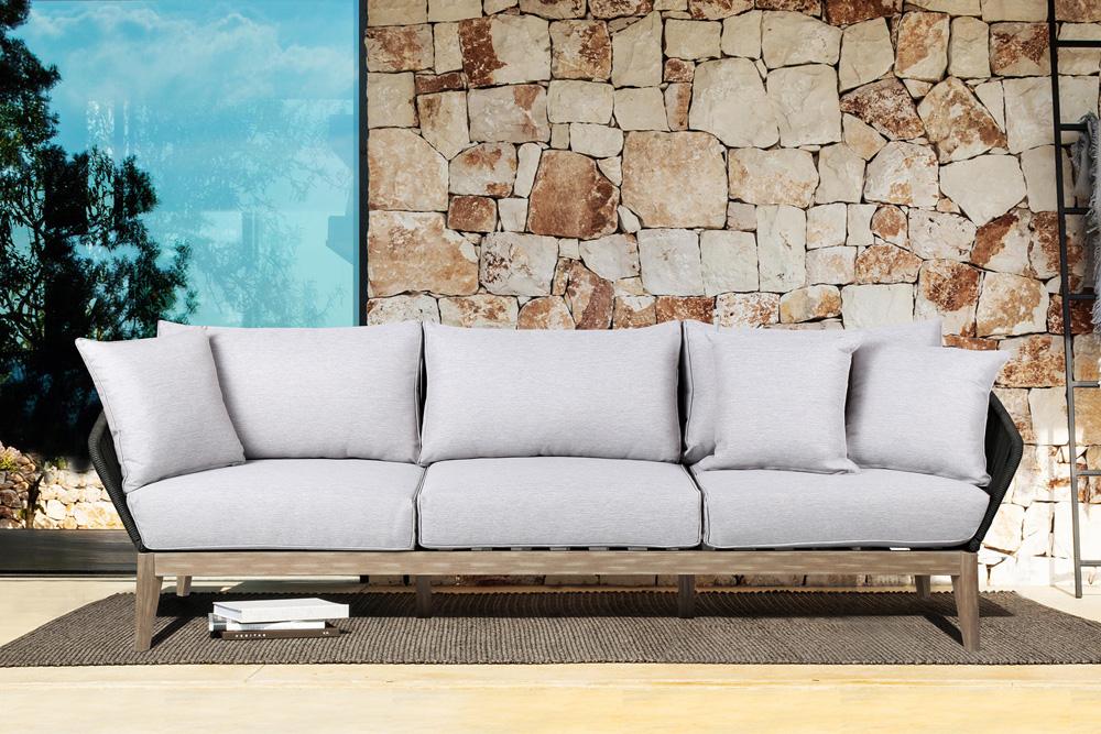 Armen Living - Athos Indoor Outdoor 3 Seater Sofa in Light Eucalyptus Wood with Latte Rope and Grey Cushions - LCATSOWDLT veiw 7