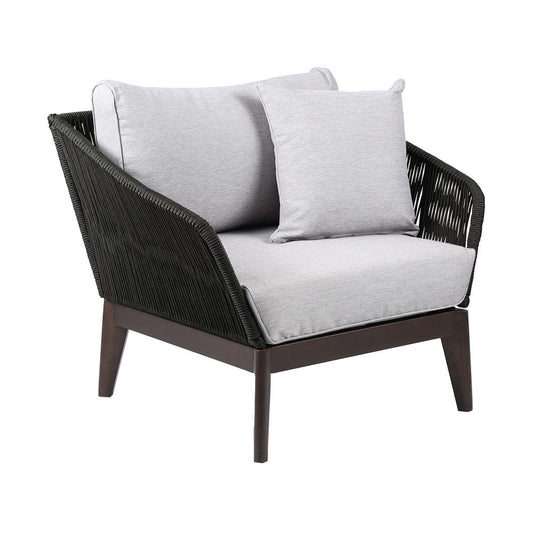 Armen Living - Athos Indoor Outdoor Club Chair in Dark Eucalyptus Wood with Latte Rope and Grey Cushions - LCATCHWDDK veiw 1