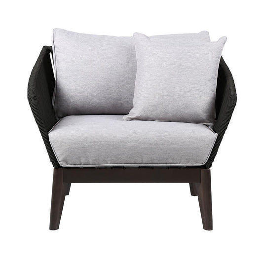 Armen Living - Athos Indoor Outdoor Club Chair in Dark Eucalyptus Wood with Latte Rope and Grey Cushions - LCATCHWDDK veiw 2