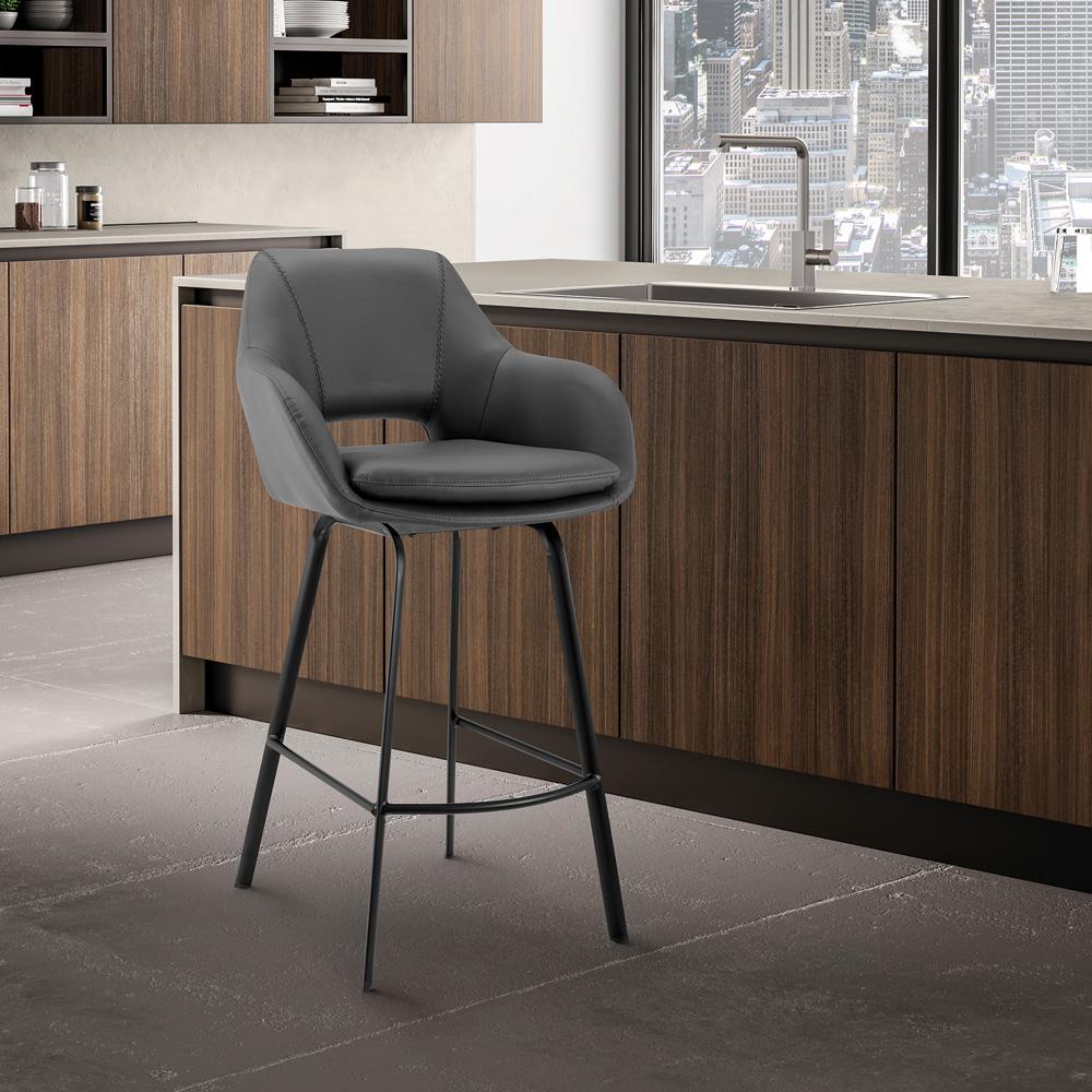 Armen Living - Aura Gray Faux Leather and Black Metal Swivel 26in Counter Stool - LCAUBABLGR26 veiw 10