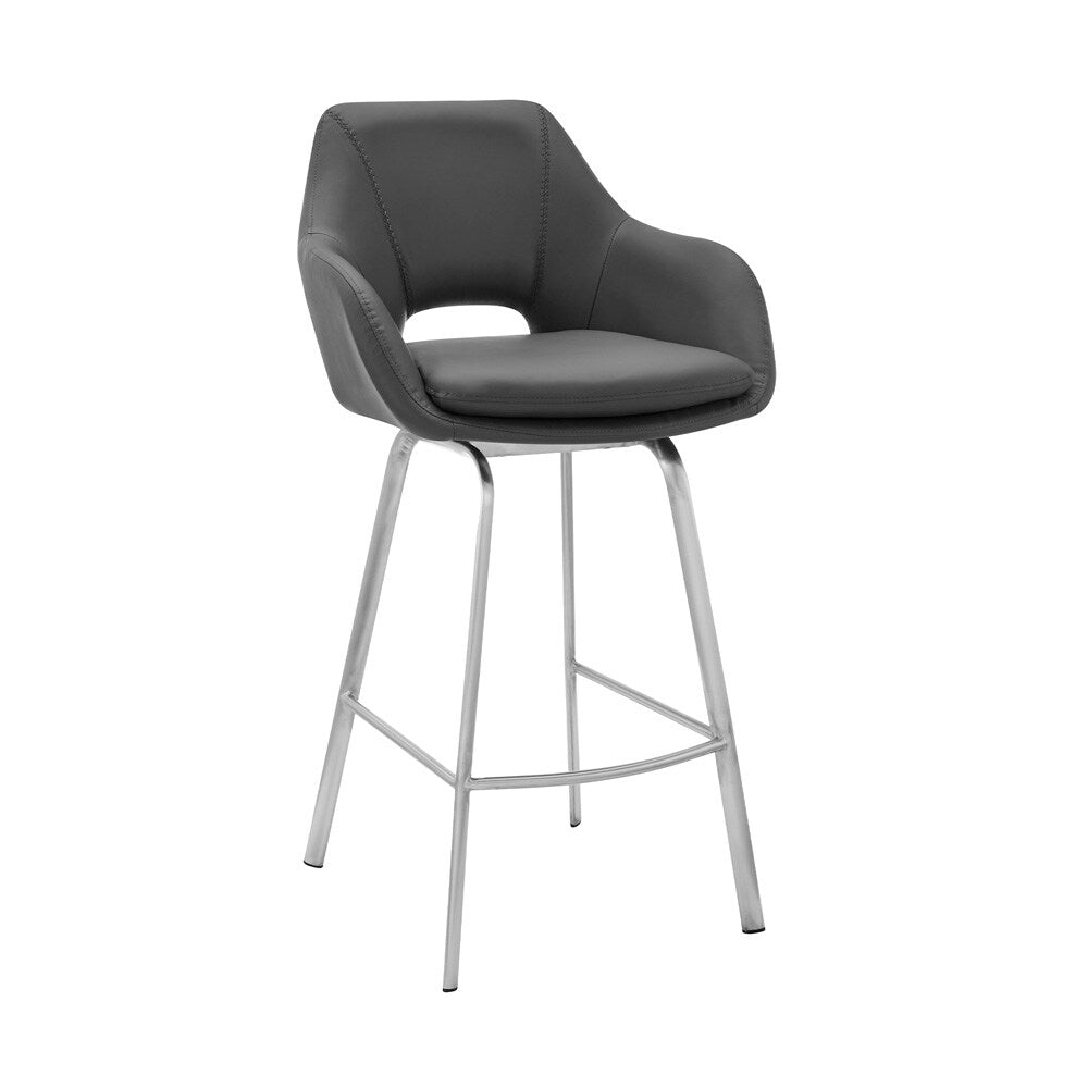 Armen Living - Aura Gray Faux Leather and Brushed Stainless Steel Swivel 30in Bar Stool - LCAUBABSGR30 veiw 1