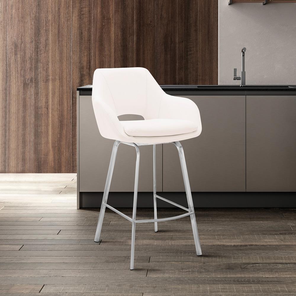 Armen Living - Aura White Faux Leather and Brushed Stainless Steel Swivel 30in Bar Stool - LCAUBABSWH30 veiw 10