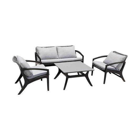 Armen Living - Brighton 4 Piece Outdoor Patio Seating Set in Dark Eucalyptus Wood with Grey Rope and White Cushions - 840254336100 veiw 1