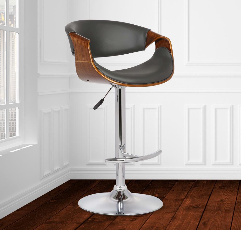 Armen Living - Butterfly Adjustable Height Swivel Grey Faux Leather and Walnut Wood Bar Stool with Chrome Base  - LCBUBAWAGRAY veiw 7