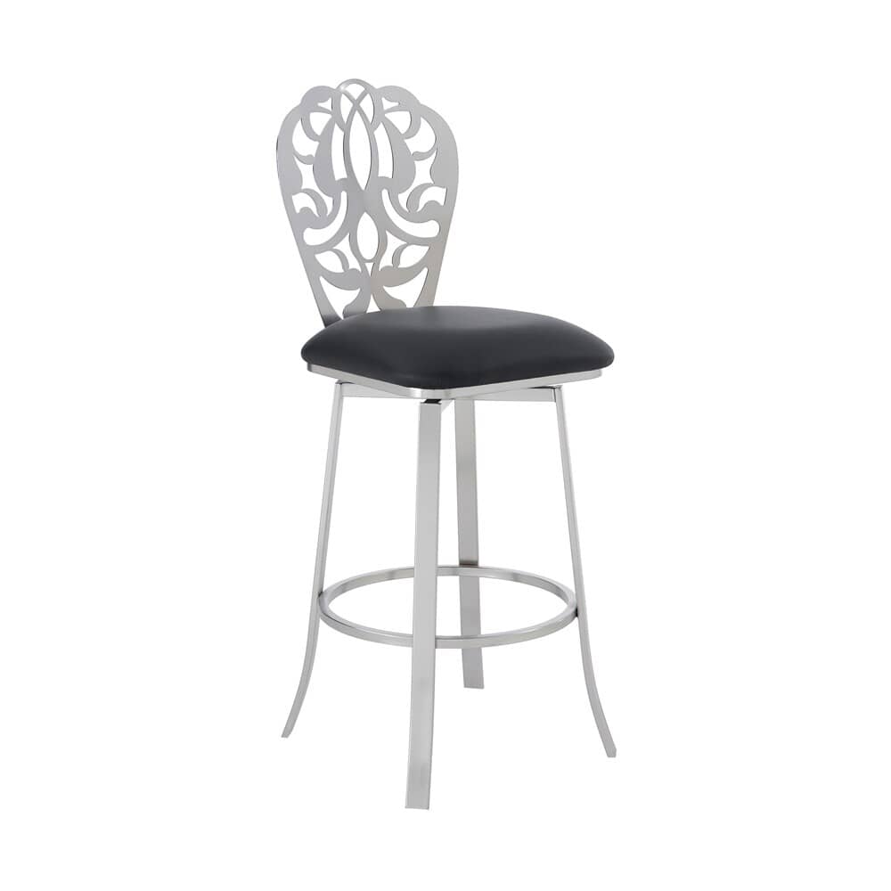 Armen Living - Cherie Contemporary 30in Bar Height Barstool in Brushed Stainless Steel Finish and Black Faux Leather - LCCHBABSBL30 veiw 1