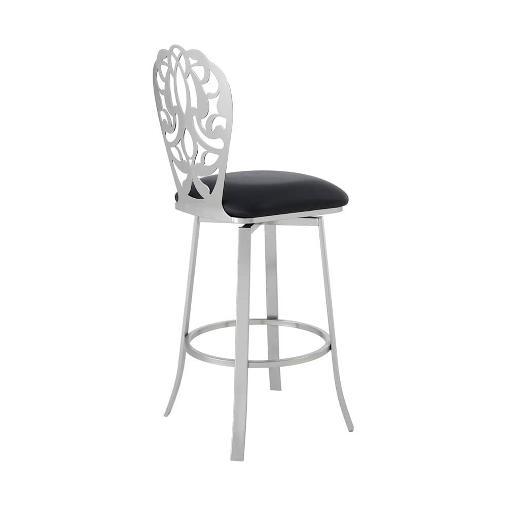 Armen Living - Cherie Contemporary 30in Bar Height Barstool in Brushed Stainless Steel Finish and Black Faux Leather - LCCHBABSBL30 veiw 3