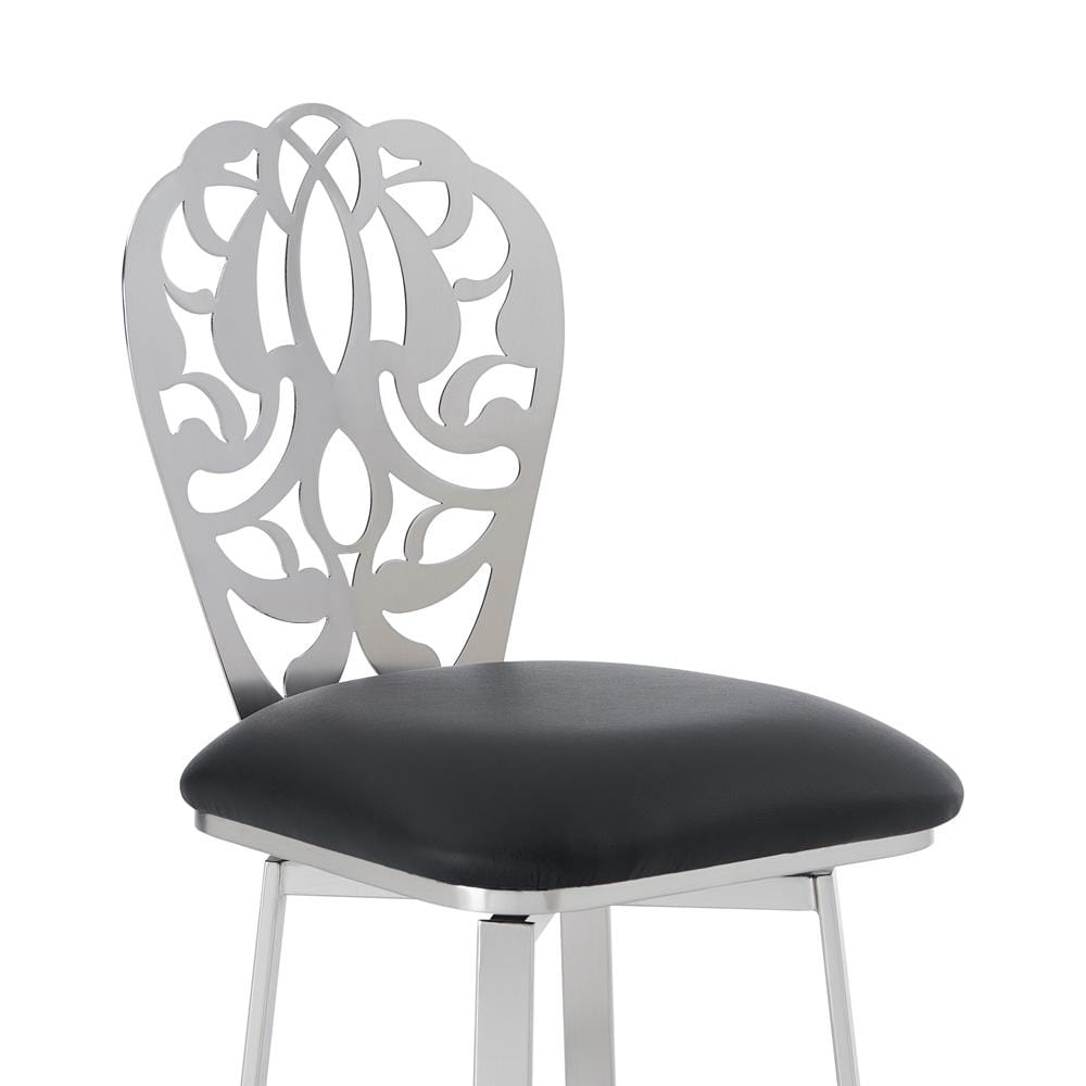 Armen Living - Cherie Contemporary 30in Bar Height Barstool in Brushed Stainless Steel Finish and Black Faux Leather - LCCHBABSBL30 veiw 4