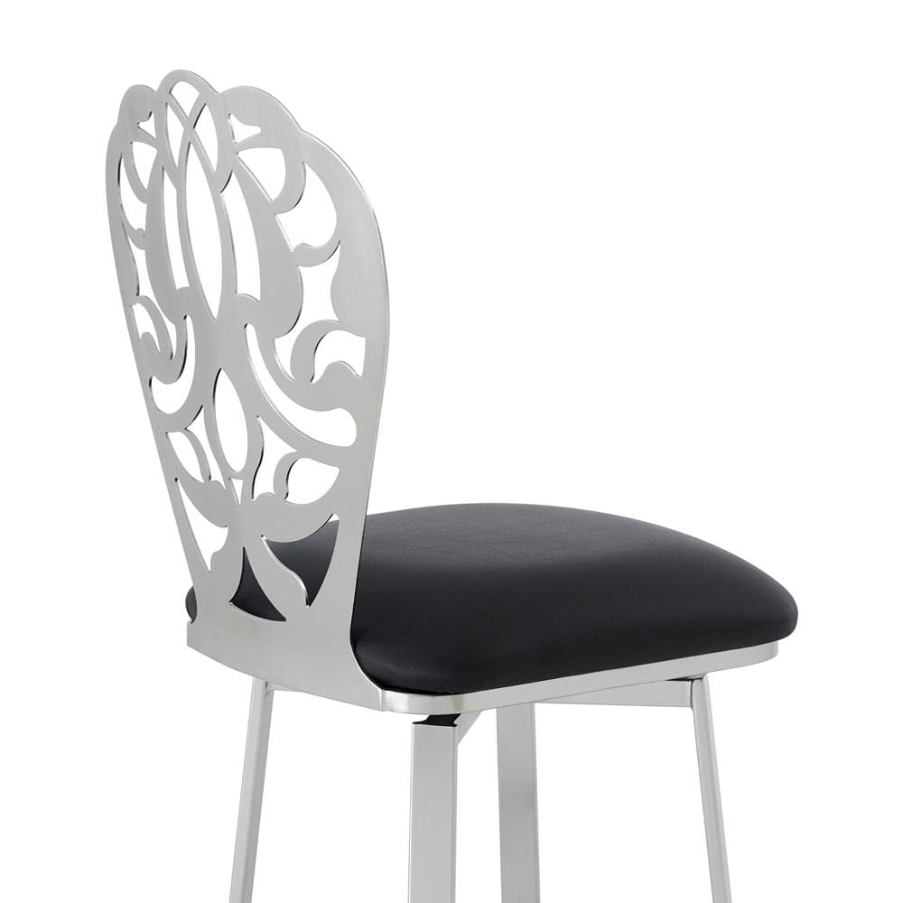 Armen Living - Cherie Contemporary 30in Bar Height Barstool in Brushed Stainless Steel Finish and Black Faux Leather - LCCHBABSBL30 veiw 5