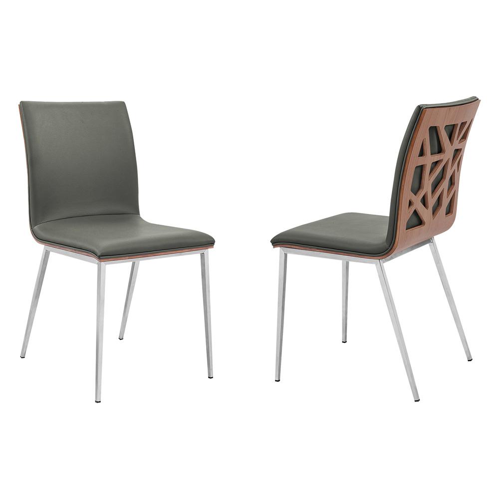 Armen Living - Crystal Dining Chair in Brushed Stainless Steel finish with Gray Faux Leather and Walnut Back (Set of 2) - LCCRCHGRPU veiw 1