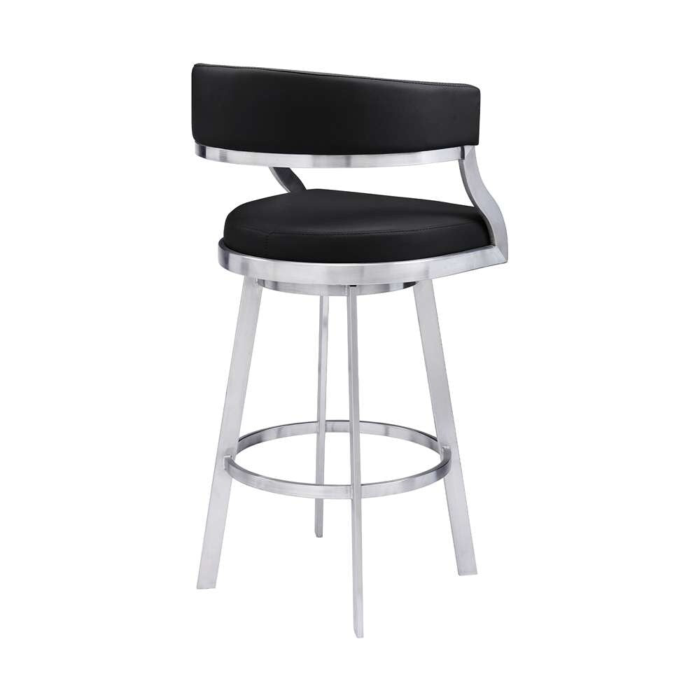 Armen Living - Dione 26in Counter Height Swivel Black Faux Leather and Brushed Stainless Steel Bar Stool - 840254335158 veiw 3