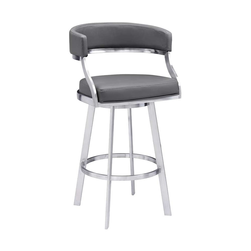 Armen Living - Dione 30in Bar Height Swivel Grey Faux Leather and Brushed Stainless Steel Bar Stool - 840254335127 veiw 1