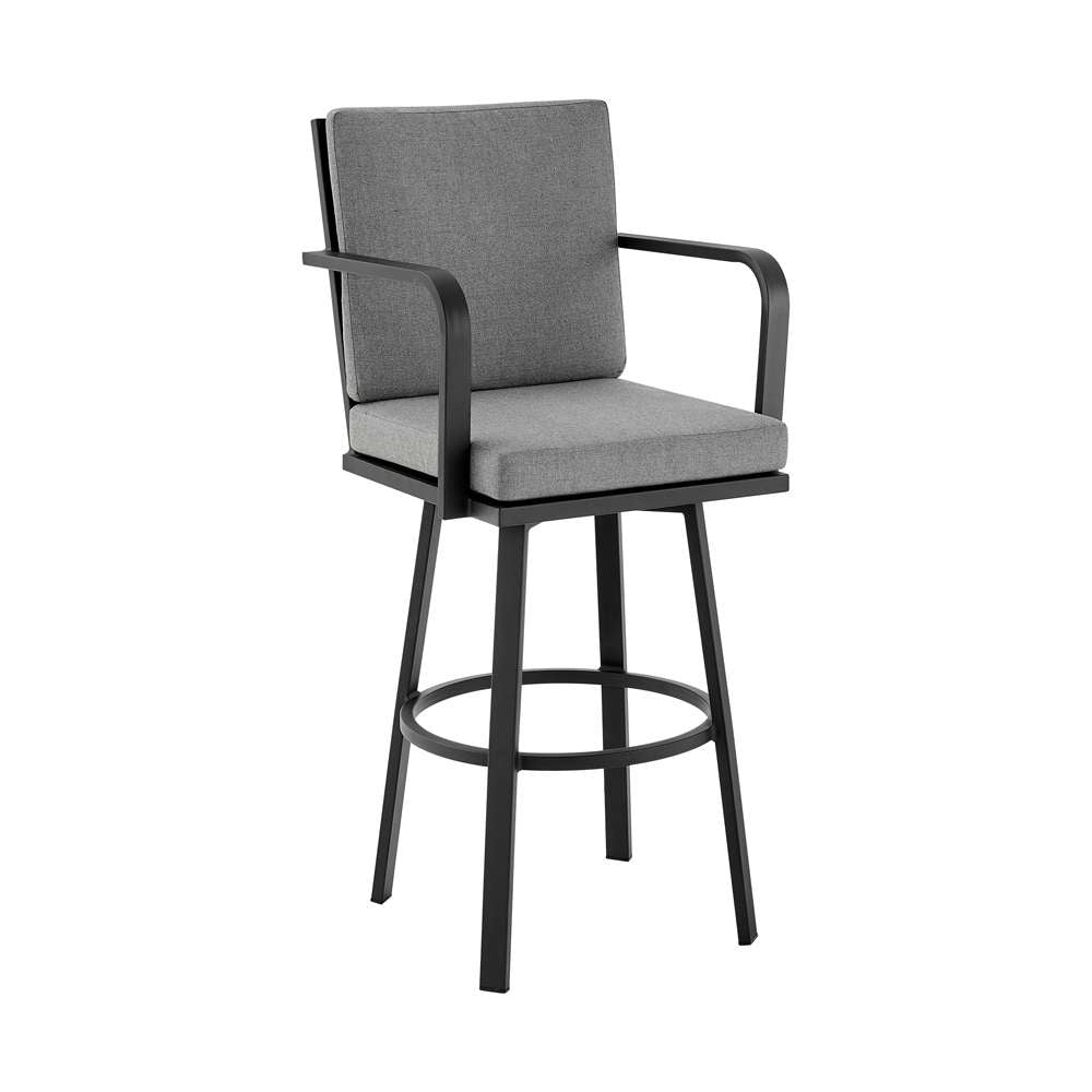Armen Living - Don 30in Outdoor Patio Bar Stool in Black Aluminum with Grey Cushions  - 840254332485 veiw 1