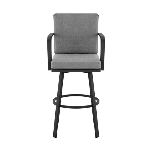 Armen Living - Don 30in Outdoor Patio Bar Stool in Black Aluminum with Grey Cushions  - 840254332485 veiw 2